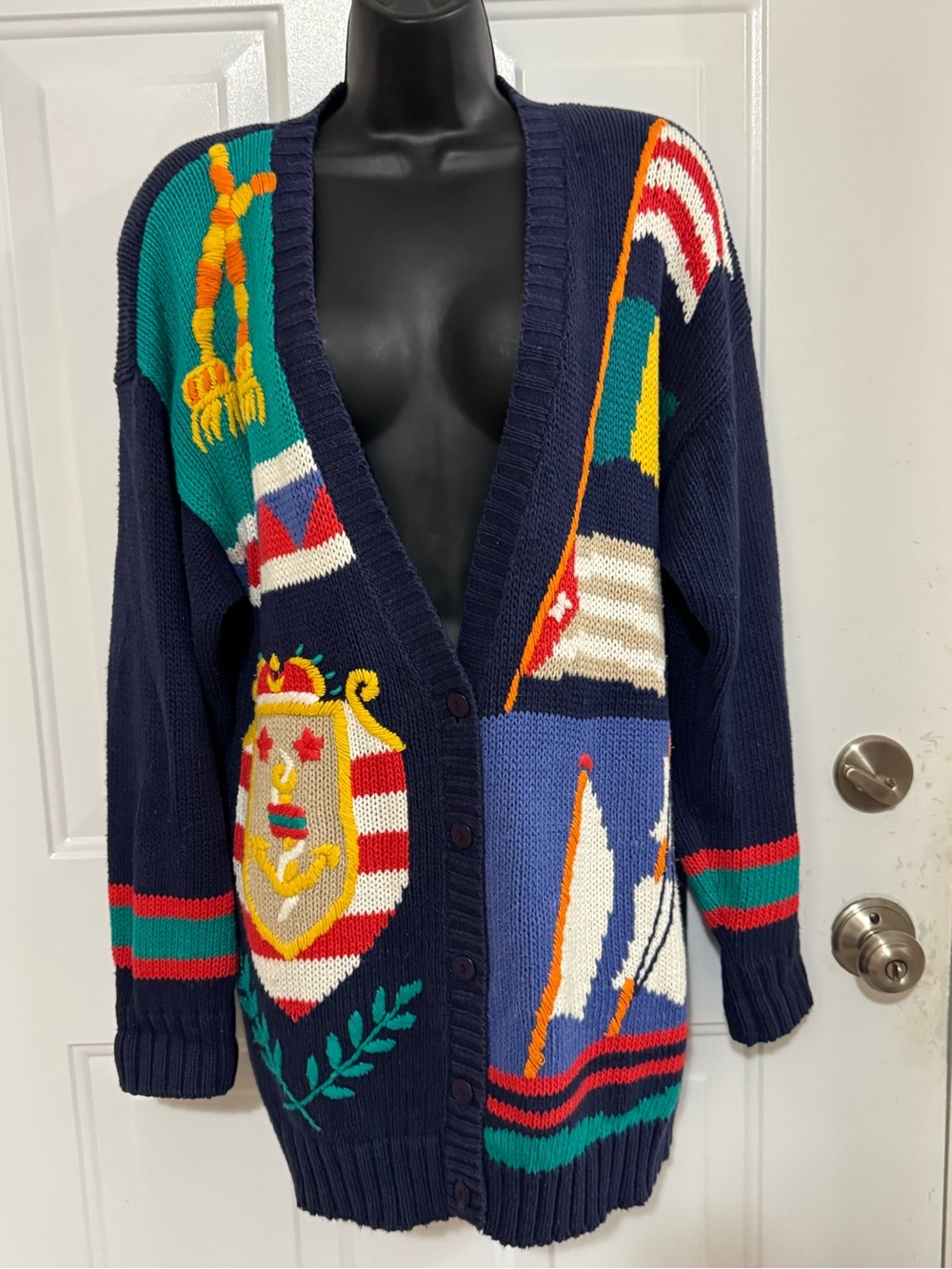 Navy Nautical Graphic Button-Up Cardigan Sweater